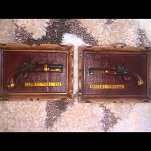 Vintage Ceramic Revolver Wall Plaques Johnson Model 1836 & Harpers Ferry 1807